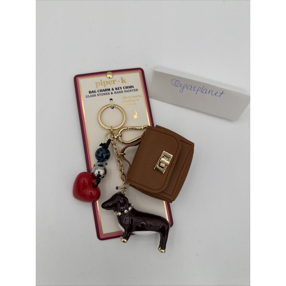 Piper‎ K Bag Charm Keychain Dachshund Doxie Heart Purse Faux Leather Gold Tone